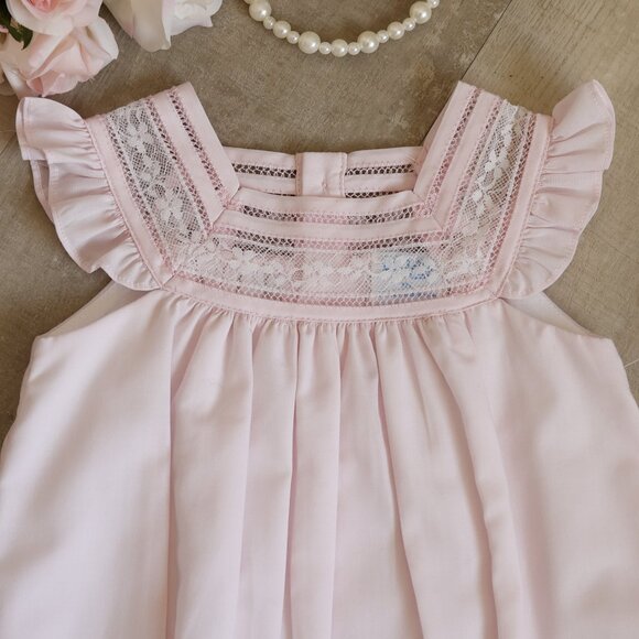 New Pink Heirloom Romper with Flutter Sleeves and Lace Inlay 9 Months Boutique - Picture 3 of 4